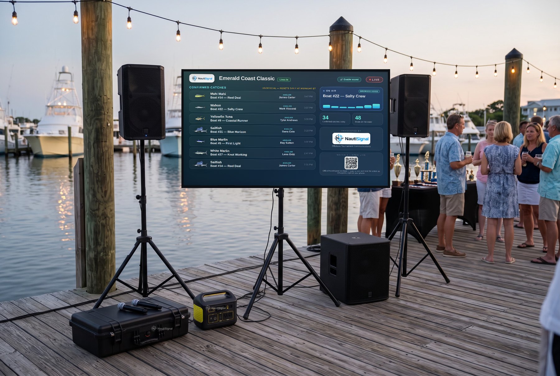 Awards night on the dock at dusk under string lights, trophies on the table and the live leaderboard on screen