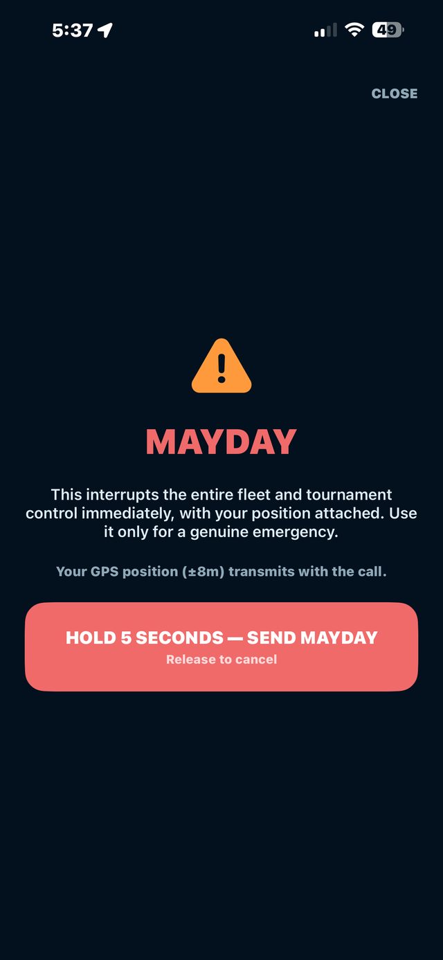NautiSignal Captain app: the mayday screen, a five-second hold that alerts the fleet and tournament control with the boat's GPS position.