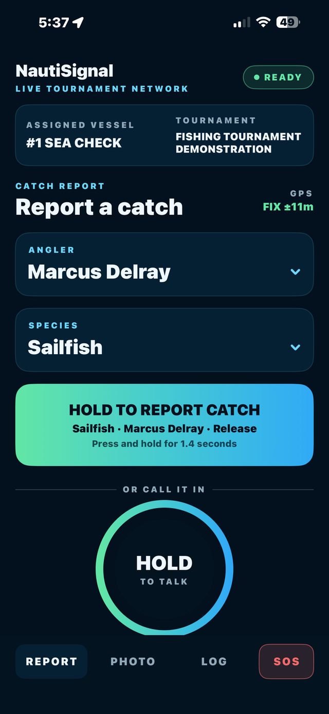 NautiSignal Captain app on iPhone: the report screen showing the assigned vessel, angler and species pickers, a hold-to-report button and a hold-to-talk voice circle.