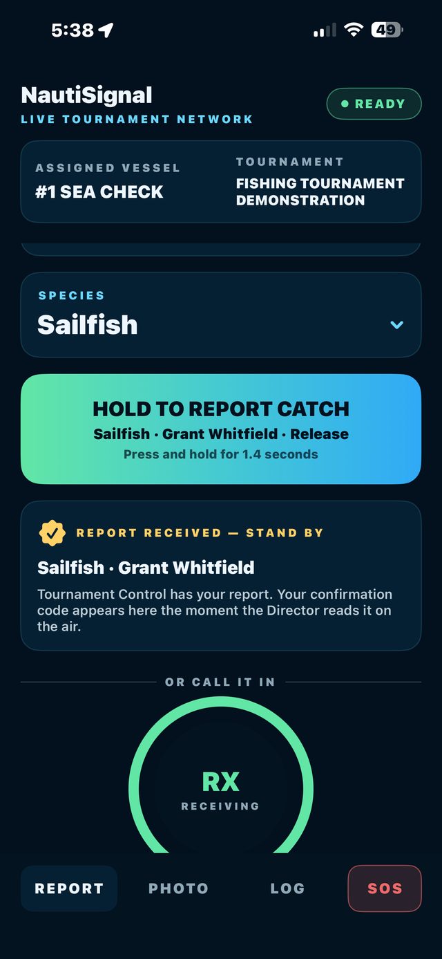 NautiSignal Captain app: tournament control has the report and the boat is standing by, with the voice circle lit green while incoming audio plays.