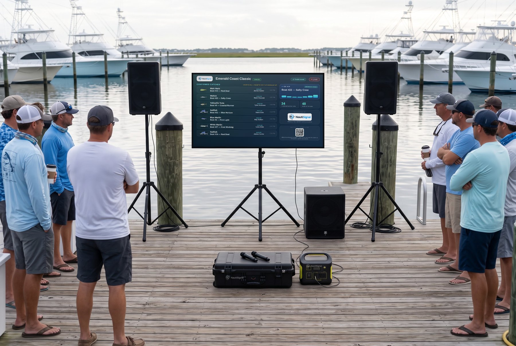 Captains gathered on the dock at a morning captains’ meeting, watching the live leaderboard on the NautiSignal screen