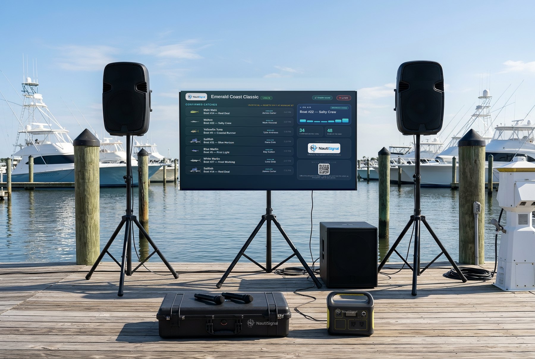The Flagship setup on a marina dock: 75-inch screen on a tripod stand showing the live NautiSignal leaderboard, PA speakers on stands, subwoofer, wireless microphones and battery power