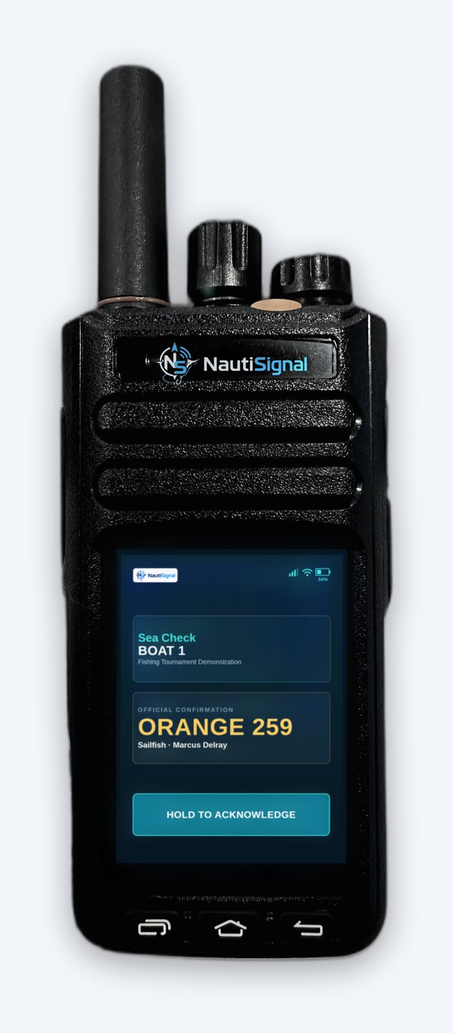 The NautiSignal handheld showing tournament control's official confirmation, ORANGE 259, with a hold-to-acknowledge button.