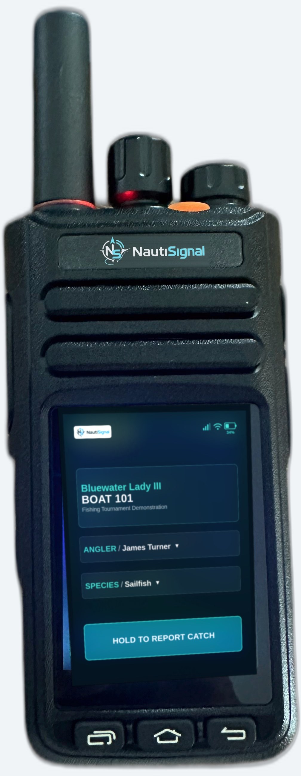 The NautiSignal tournament handheld, screen lit with the catch report view for Bluewater Lady III