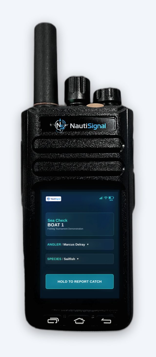 The NautiSignal handheld showing the catch report screen: assigned vessel Boat 1, angler and species selectors, and a hold-to-report button.
