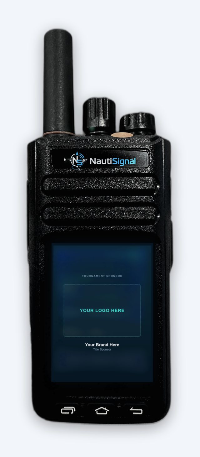 The NautiSignal handheld idle screen showing a tournament sponsor placement, here with a placeholder logo.